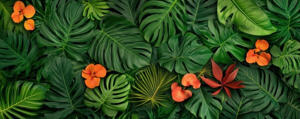 Vibrant tropical foliage featuring lush green leaves and bright orange flowers, ideal for nature-themed designs and backgrounds.