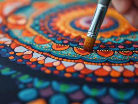 Colorful mandala art creation with a paintbrush adding intricate details to a vibrant canvas.
