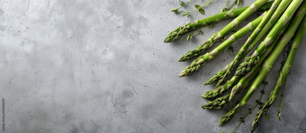Aufkleber Top view of fresh asparagus displayed on a concrete background with a copyspace image