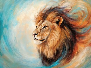 Majestic lion portrait with vibrant colors and soft brush strokes, capturing the essence of strength and beauty in nature.