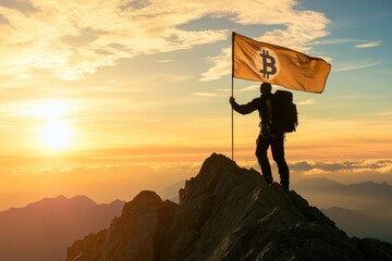 A mountaineer reaches the summit, proudly displaying a bitcoin flag against the stunning skyline