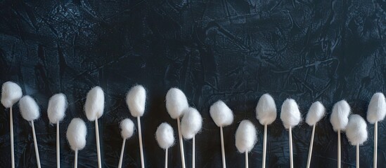 A line of white cotton swabs against a dark backdrop with ample copy space image