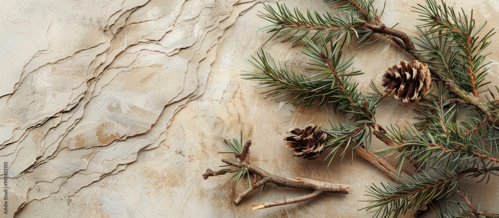 Poster nature scene featuring pine branches and dry snags on a beige backdrop suitable for beauty product b