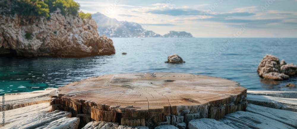 Aufkleber a picturesque wooden block crafted from a tree trunk serves as a table top against a scenic backdrop