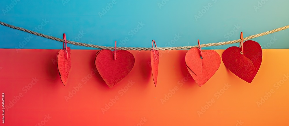 Poster Paper hearts in red displayed on a rope against a colorful backdrop with empty space in the image for customization. Creative banner. Copyspace image