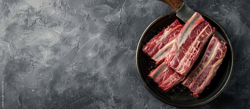 Poster Fresh uncooked beef ribs in a bowl with a large knife on a grey background creating a visually appealing copy space image