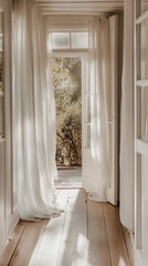 Open door flowing sheer white cream curtains sunlight wooden floor peaceful cozy corridor boho style warm inviting atmosphere organic materials bright and airy vintage aesthetic rustic natural charm 