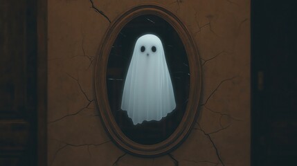 A spooky ghost figure appears in a vintage mirror, adding an eerie touch to any Halloween-themed design.