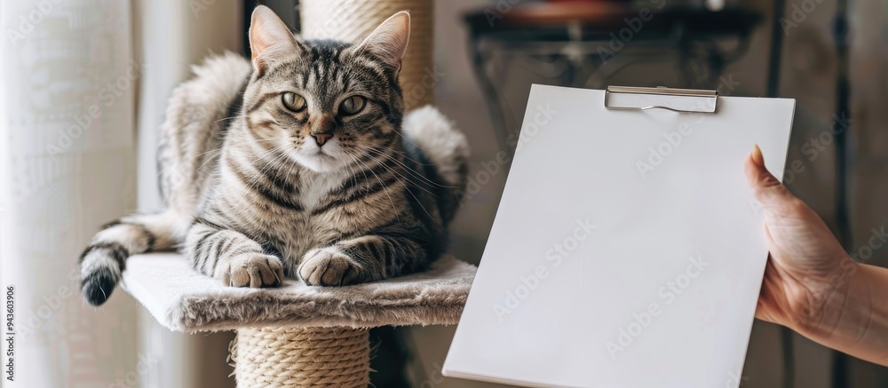 Poster A cat rests on a cat tower while a hand holds a blank notepad near it for a copy space image