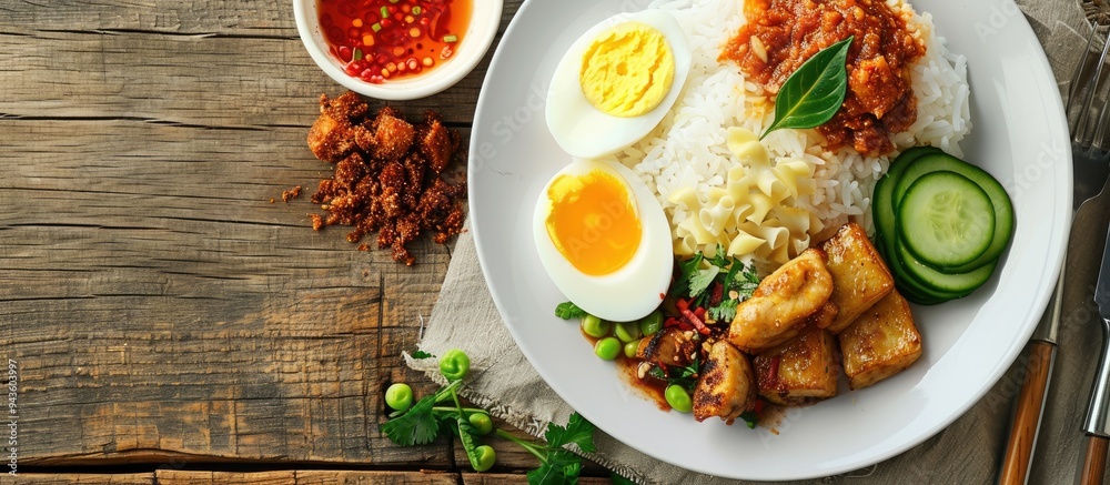 Canvas Prints Indonesian nasi campur a well liked dish features rice with orek tempe fried tempeh noodles boiled egg chicken sambal and cucumber on a white platter against a wooden backdrop Ideal for copy space im