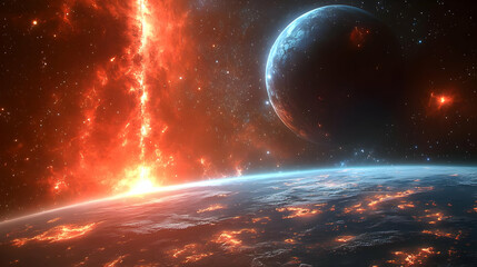 Obraz premium A fiery nebula erupts behind a planet in a vast expanse of space, casting a fiery glow on the surface.