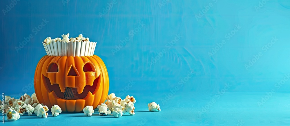 Poster A Halloween themed image featuring a pumpkin popcorn set against a blue background with space for text insertion. Creative banner. Copyspace image