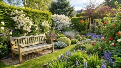 Obraz premium Wooden Bench in a Lush Garden Setting