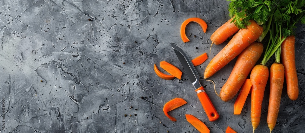 Aufkleber close up shot on a gray textured table featuring fresh carrots a vegetable peeler and carrot peels w