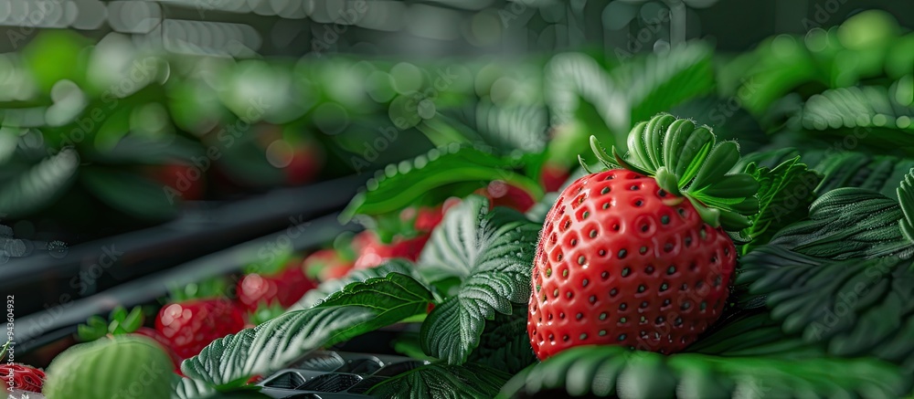 Poster Close up view of a small green strawberry on a plant in a nursery tray with a copy space image displaying the fruit and leaves