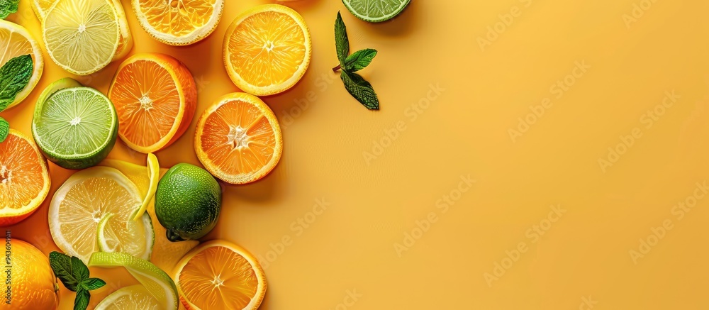 Fototapete summer citrus fruits like orange tangerine lemon and lime with mint leaves on a yellow background cr