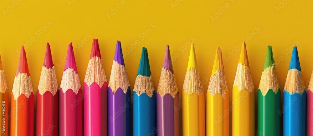 Aufkleber close up of numerous colorful pencils on a vibrant yellow backdrop with ample copy space image