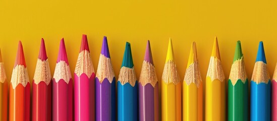 Close up of numerous colorful pencils on a vibrant yellow backdrop with ample copy space image