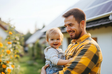 Fototapeta premium Dad Holding Daughter, Showing House with Solar Panels.
