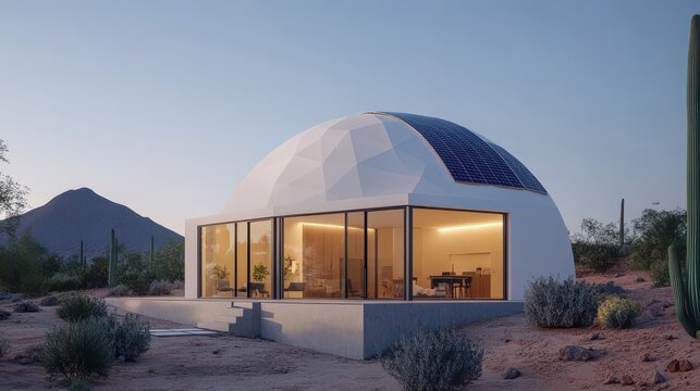 Modern geodesic dome house in desert landscape, featuring sustainable design and natural lighting, blending seamlessly with nature.
