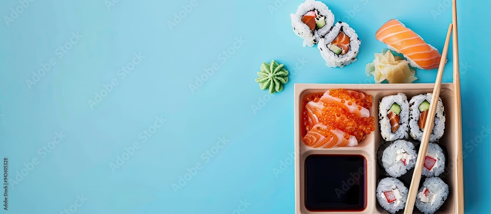 Poster Take out sushi and maki with soy sauce on a blue background showcasing a concept of grab and go meals with copy space image