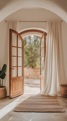 Fototapeta premium Aarched doorway with open wooden double doors light beige curtains minimal rustic decor sunlight flowing indoor plant wicker baskets bohemian mediterranean style home inviting entrance concept