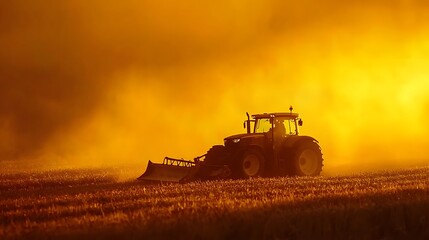 Fototapeta premium Silhouette of a tractor at sunset in a golden farmland.