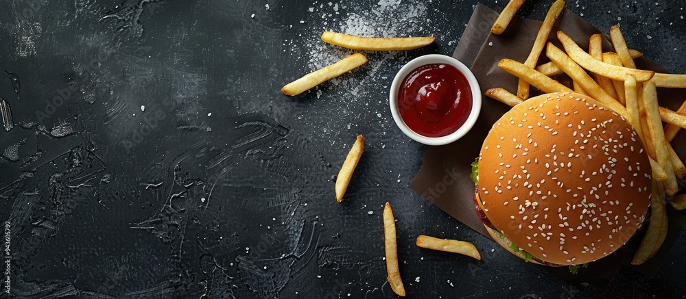 Poster Top view of a fast food burger menu with fries and ketchup on a black background including a copy space image