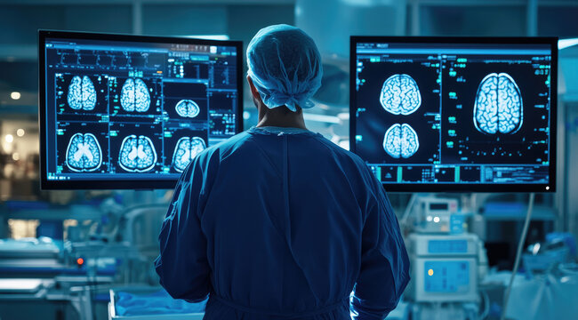 A medical doctor in blue scrubs stands facing away from the camera, with their back to an operating room.