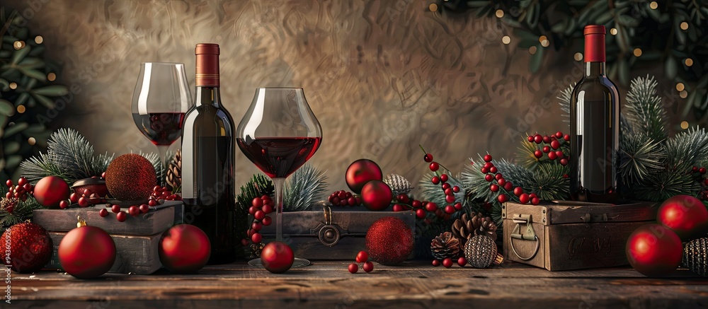 Poster Table decorated with various elements like bottles of wine glasses wooden boxes fir twigs and red Christmas balls with an empty area for including text in the image. Creative banner. Copyspace image