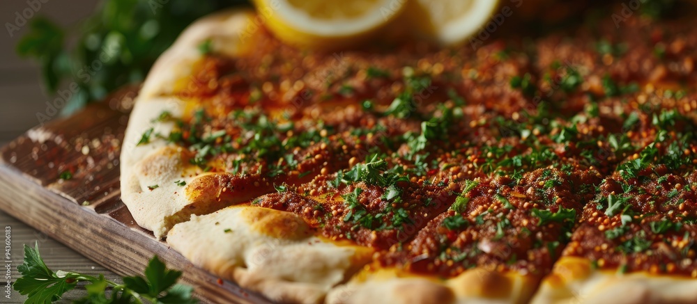 Poster detailed shot of turkish lahmacun flatbread garnished with spices lemons and parsley against a plain