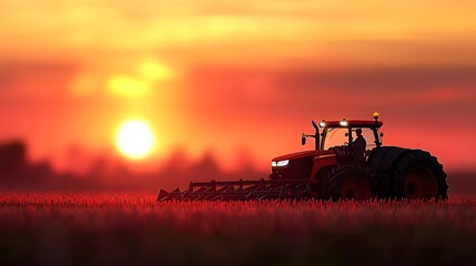 Fototapeta premium Silhouette of a tractor against a vibrant sunset in a rural field.
