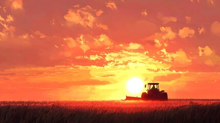 Fototapeta premium Silhouetted tractor against a vibrant sunset in a golden field.