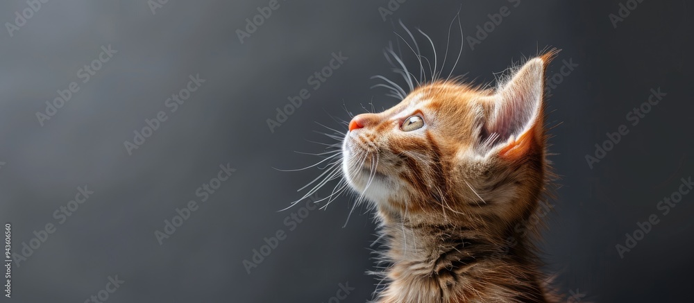 Poster Ginger tabby kitten gazes upwards on a grey backdrop in a charming pet portrait with a humorous and beautiful pose Includes copy space image
