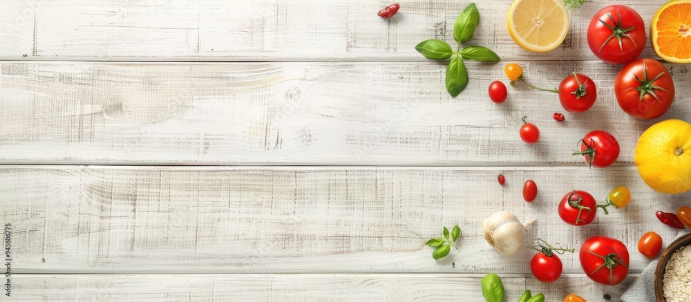 Poster View from above of various vegetarian items displayed on a bright wooden surface with ample copy space for text