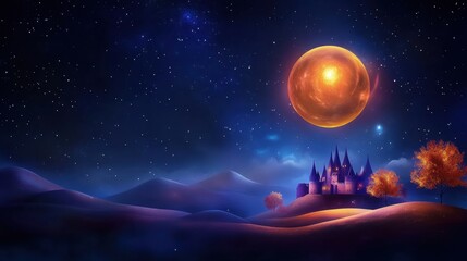 Fototapeta premium Dracula castle, eerie night with full moon, flat design illustration