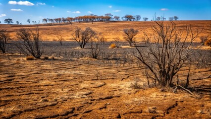 Naklejka premium Dry, Burnt Landscape with Scattered Trees and a Blue Sky