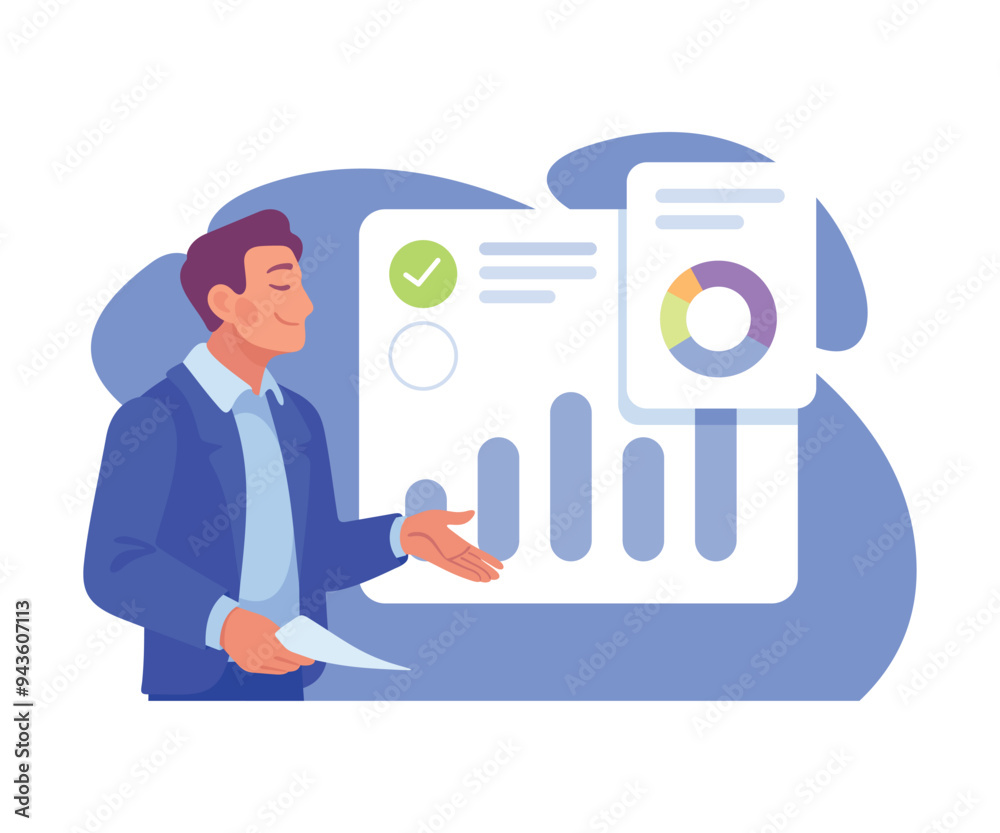 Aufkleber business process with man busy with analytics vector illustration