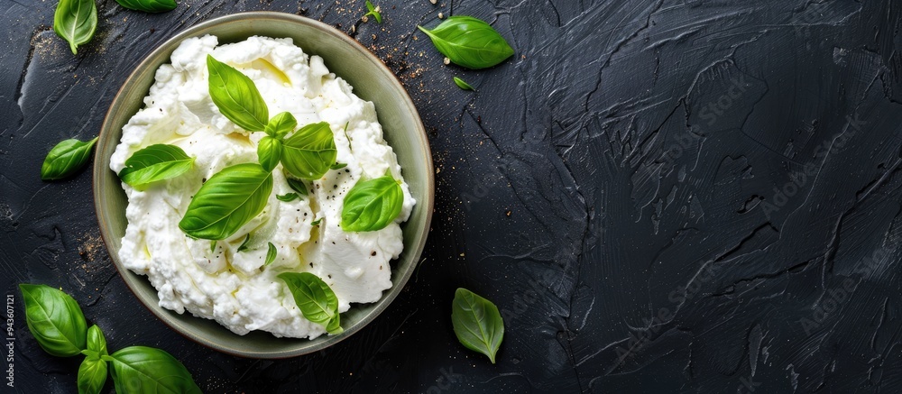 Poster green table with fresh ricotta and basil cream cheese displayed from a top view perspective offers a