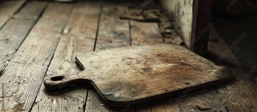 Fototapete A battered cutting board rests on the floor in front of a rustic table with a copy space image