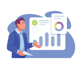 Business Process with Man Busy with Analytics Vector Illustration