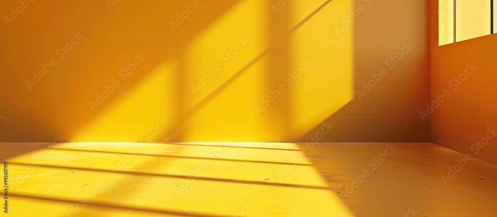 Poster Yellow background wall with shadowed studio backdrop showcases products providing a perfect copy space image for text and product presentation