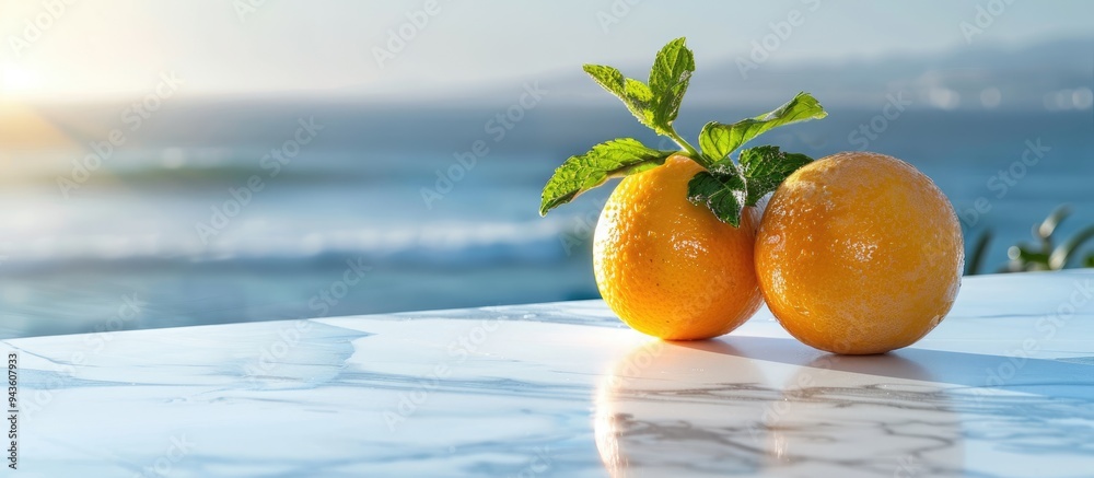 Poster a white table displays two oranges garnished with mint leaves against a seascape backdrop providing 