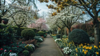 Obraz premium A Path Through Blooming Trees and Flowers in a Spring Garden