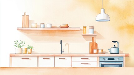 Minimalist kitchen decor flat design front view serene cooking area theme watercolor vivid