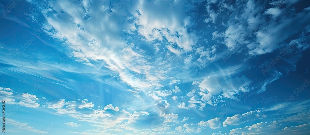 Aufkleber Panoramic view of a serene clear blue sky with glowing cirrus clouds bathed in soft sunset light ideal for graphic design with ample copy space image symbolizing hope and peace in meteorology and hea