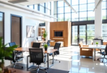 Modern bright office interior with furniture and daylight. Blurred background., ai