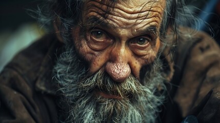 A close-up portrait of an elderly man with a weathered face and expressive eyes.