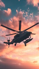 Apache attack helicopter flying against a beautiful sunset sky in stunning 3d imagery