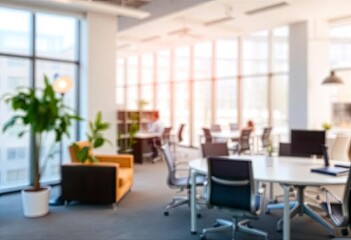 Modern bright office interior with furniture and daylight. Blurred background., ai